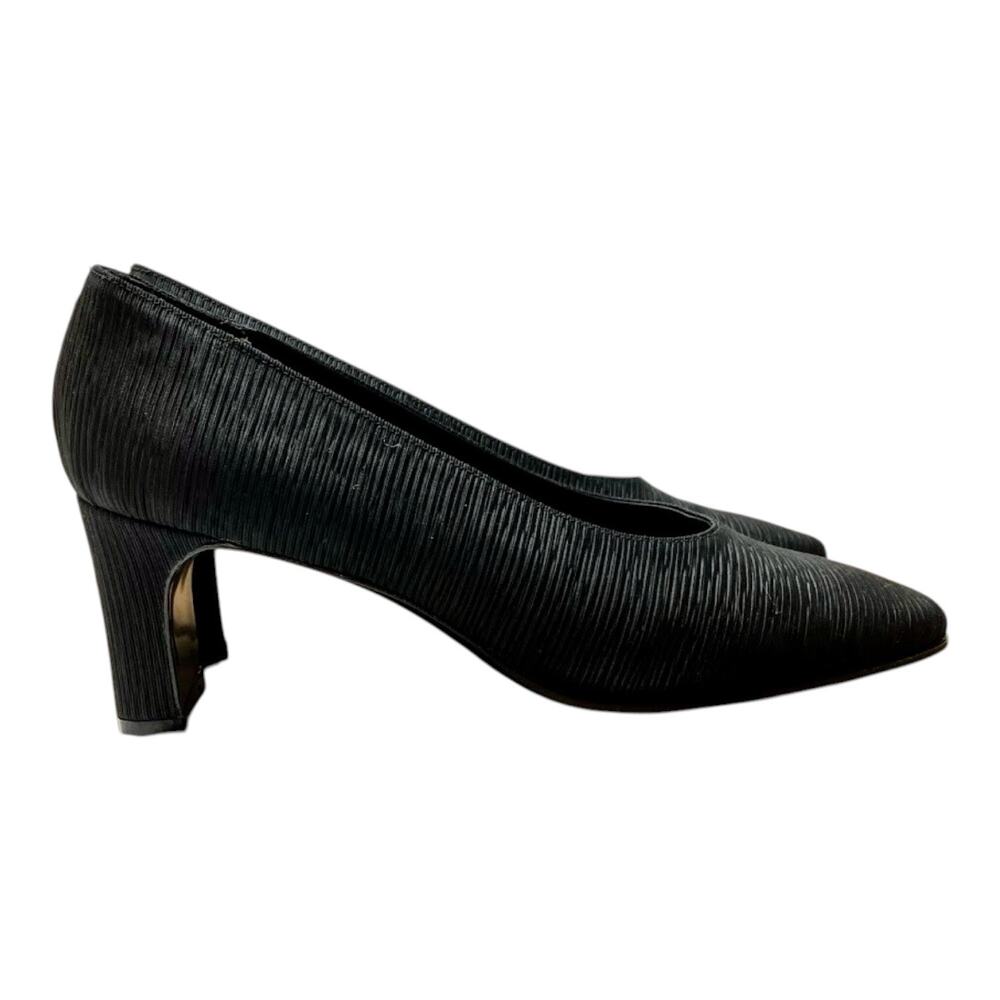 Vintage 90s Giorgio Armani Black Silk Square Toe Pumps Block Heel EU 38.5